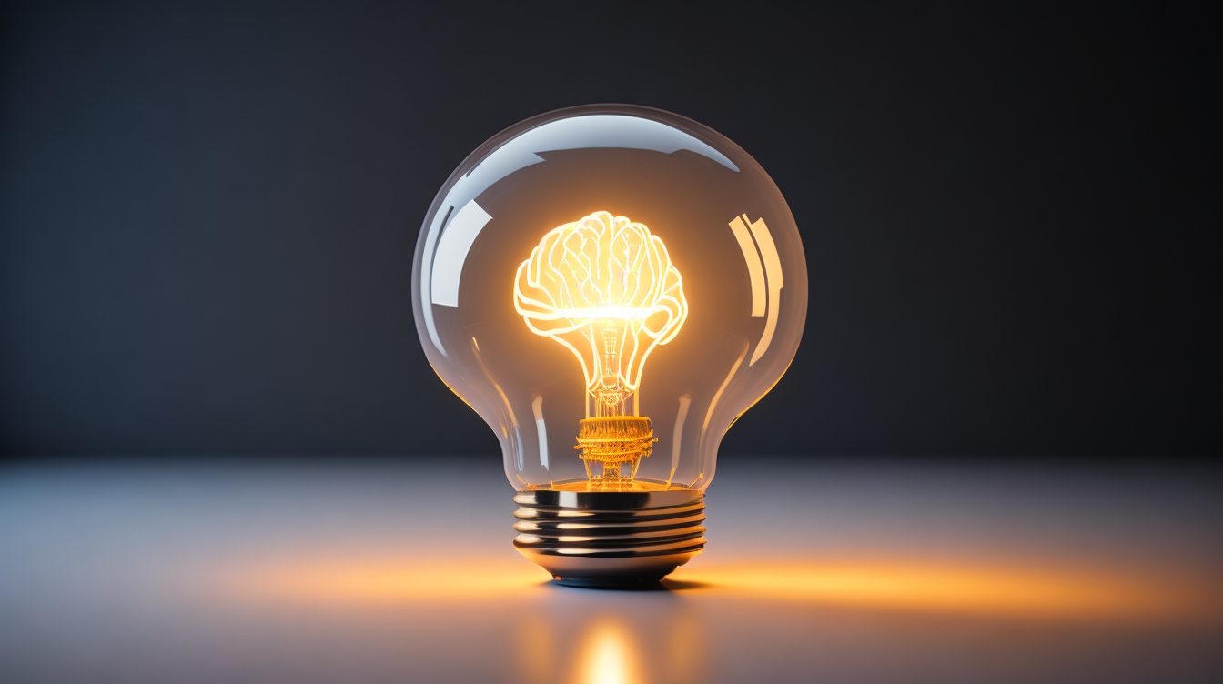 A bright lightbulb with a brain shaped light coil, illuminating a room.